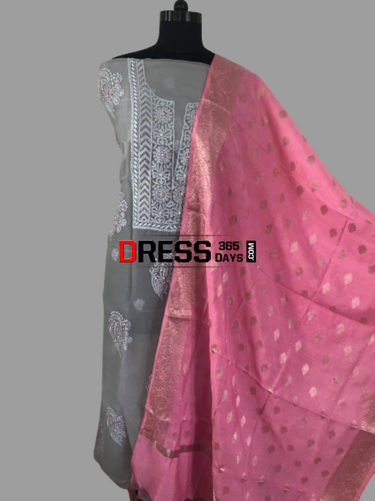 Grey Organza Beads Chikankari Suit With Pink Dupatta Suits