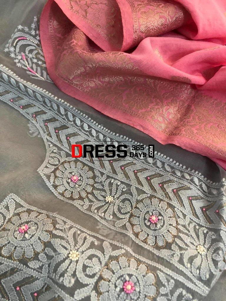 Grey Organza Beads Chikankari Suit With Pink Dupatta Suits