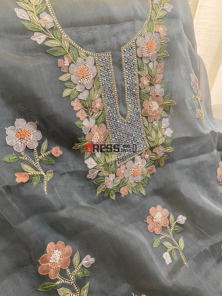 Grey Organza Pearls Multicolour Chikankari Suit Suits
