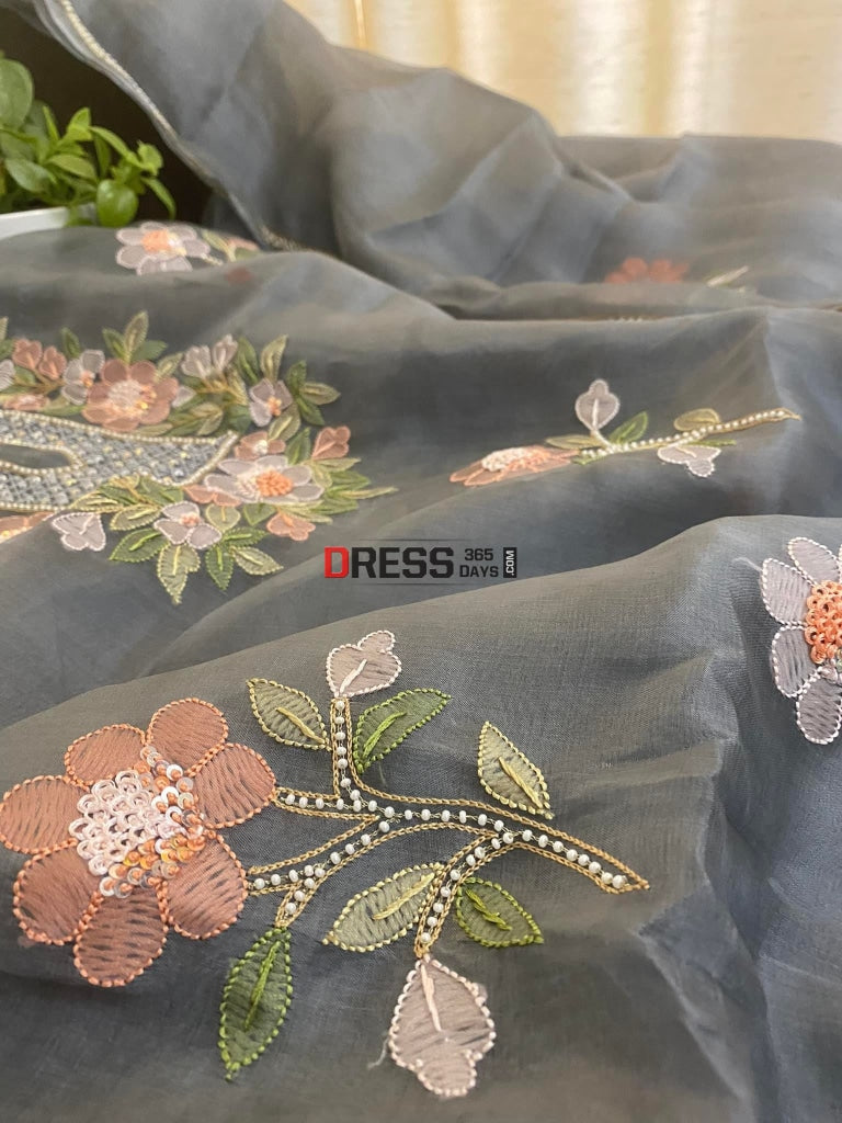 Grey Organza Pearls Multicolour Chikankari Suit Suits