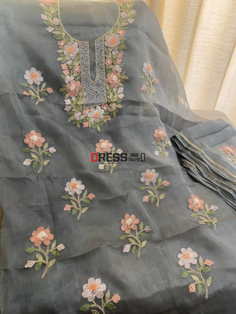 Grey Organza Pearls Multicolour Chikankari Suit Suits