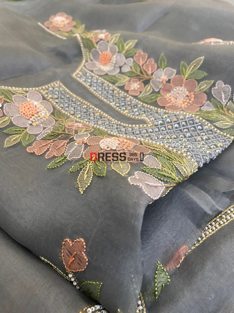 Grey Organza Pearls Multicolour Chikankari Suit Suits