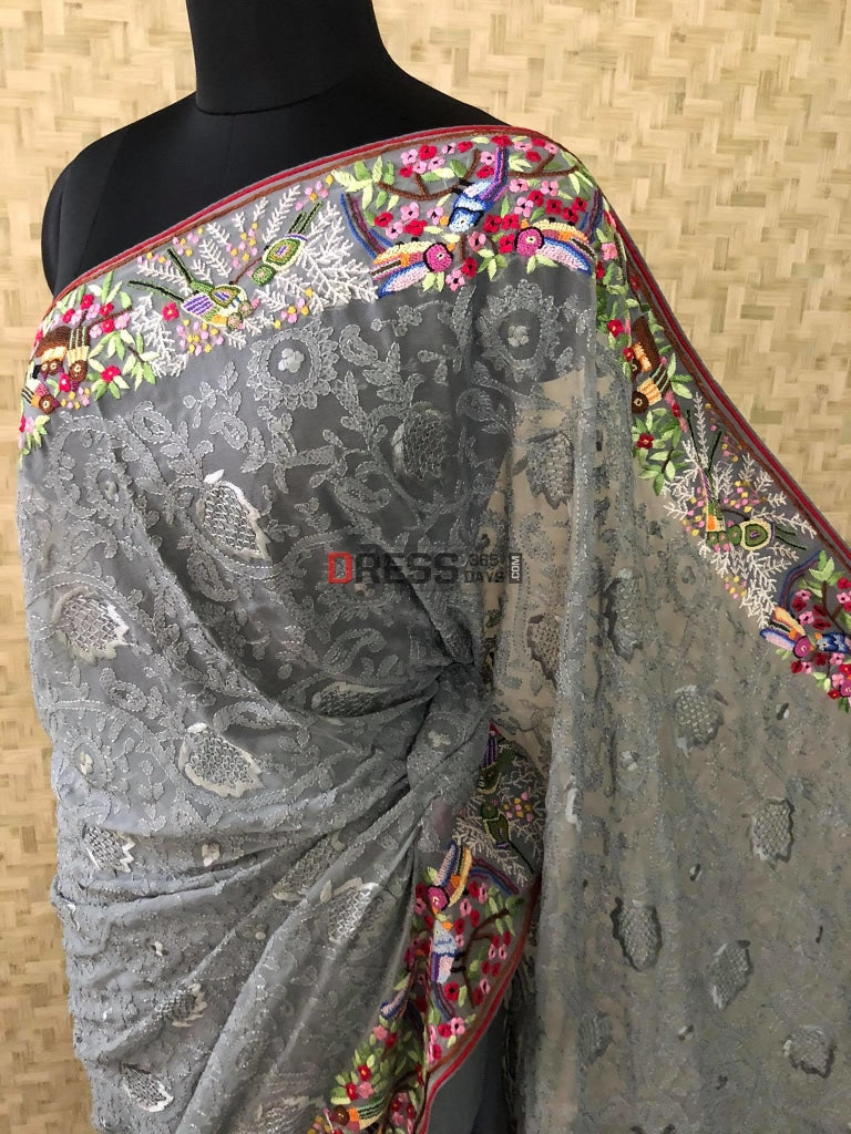 Grey Parsi Gara & Chikankari Saree