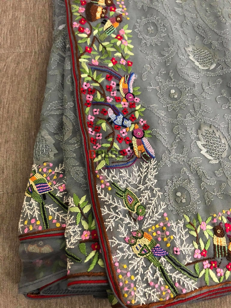 Grey Parsi Gara & Chikankari Saree