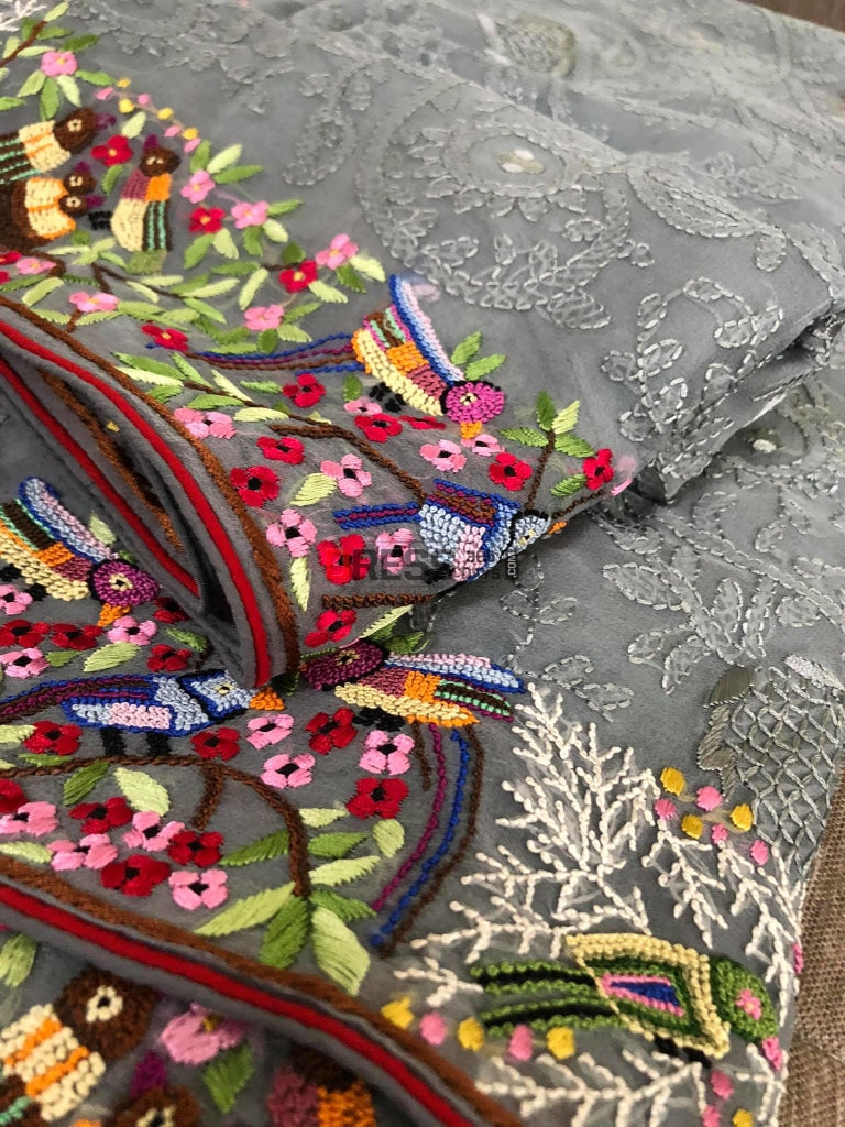Grey Parsi Gara & Chikankari Saree