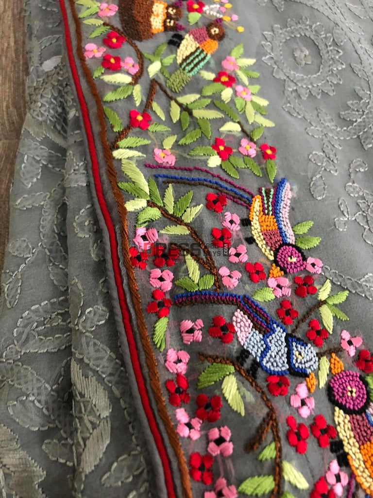 Grey Parsi Gara & Chikankari Saree