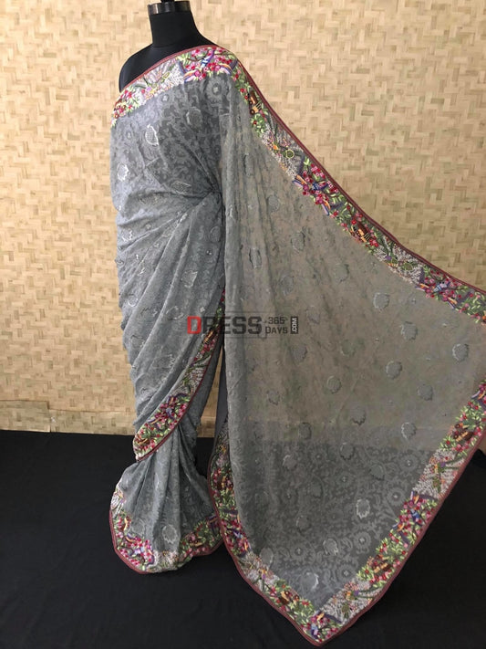 Grey Parsi Gara & Chikankari Saree