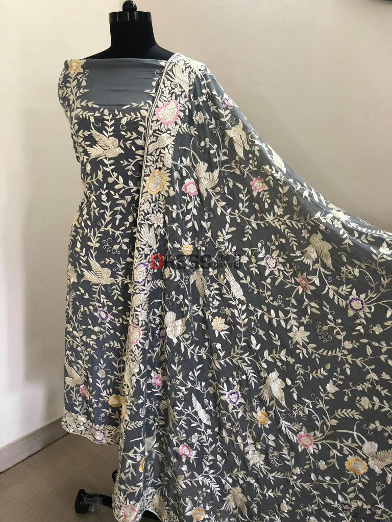 Grey Parsi Gara Hand Embroidered Suit (Three Piece) Suits
