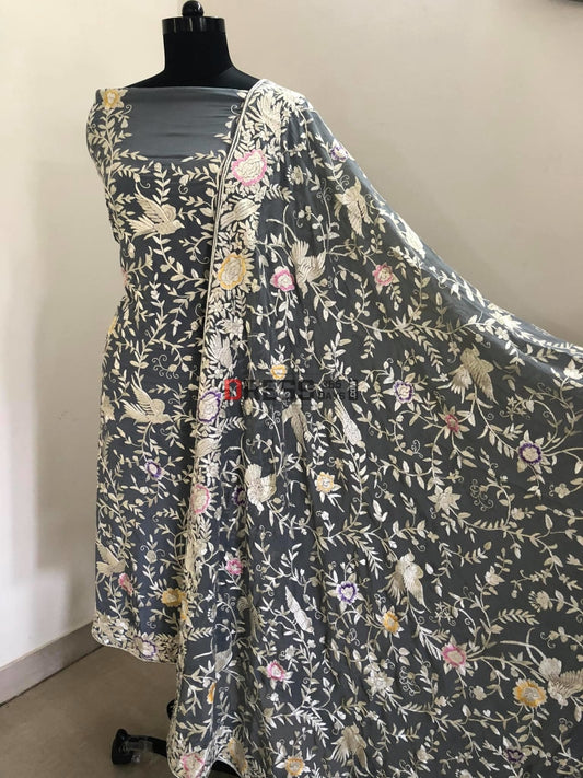 Grey Parsi Gara Hand Embroidered Suit (Three Piece) Suits
