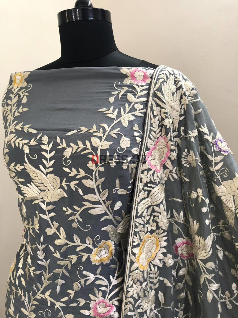 Grey Parsi Gara Hand Embroidered Suit (Three Piece) Suits