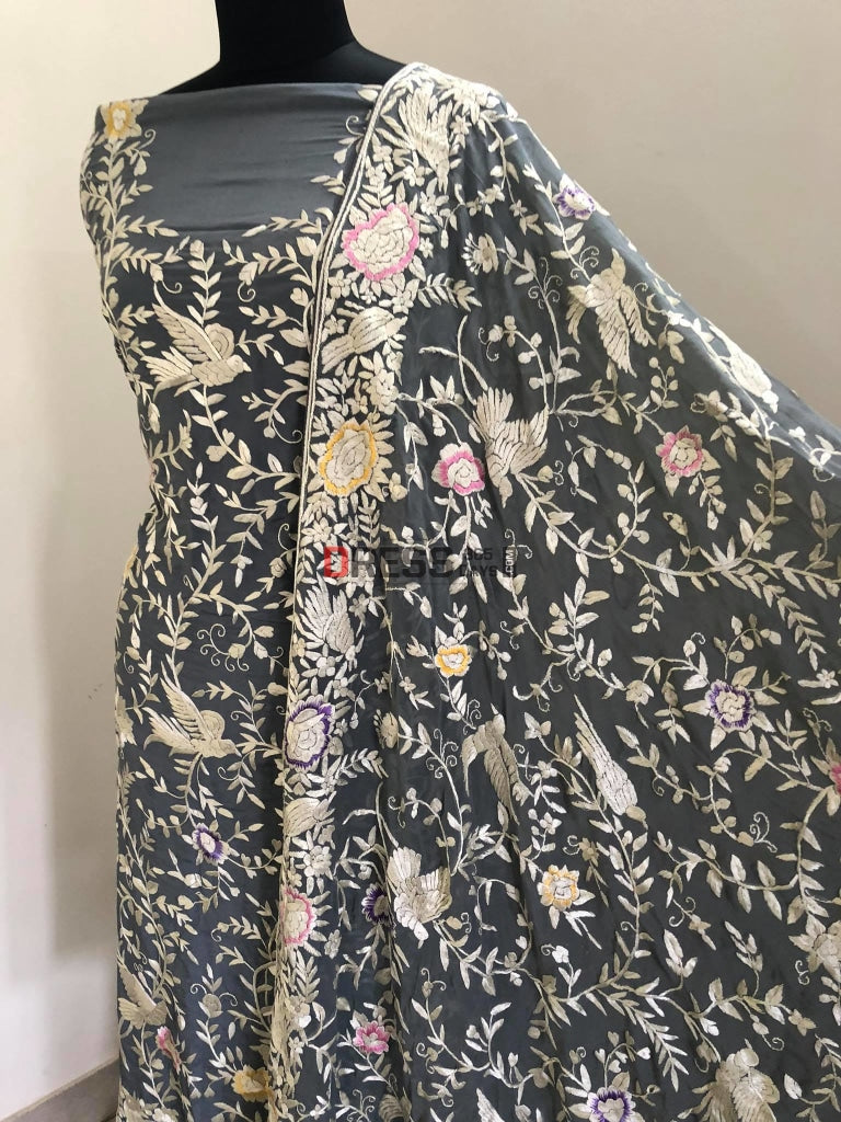 Grey Parsi Gara Hand Embroidered Suit (Three Piece) Suits