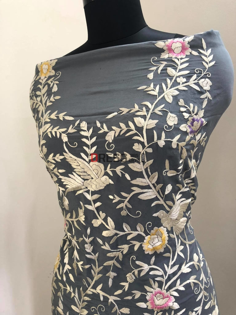 Grey Parsi Gara Hand Embroidered Suit (Three Piece) Suits