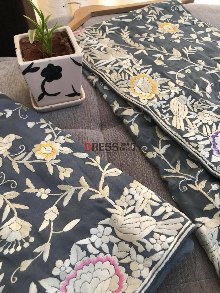 Grey Parsi Gara Hand Embroidered Suit (Three Piece) Suits