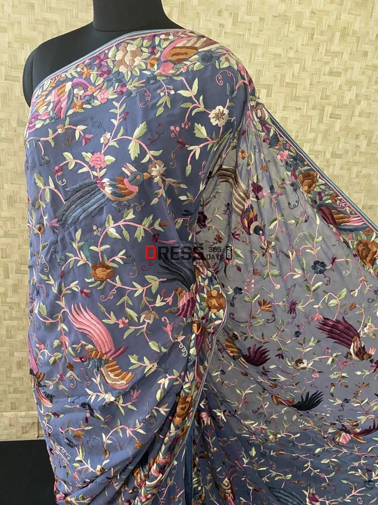 Grey Parsi Gara Saree With Multicolour Embroidery