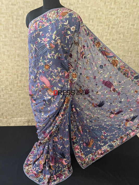 Grey Parsi Gara Saree With Multicolour Embroidery