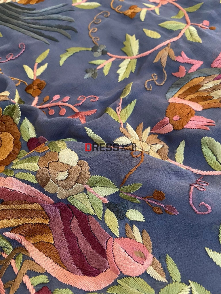 Pre Order Grey Parsi Gara Saree with Multicolour Embroidery – Dress365days
