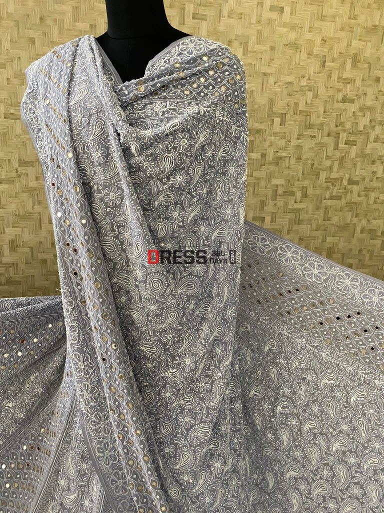 Grey Pearl & Mirror Chikankari Lehenga Set