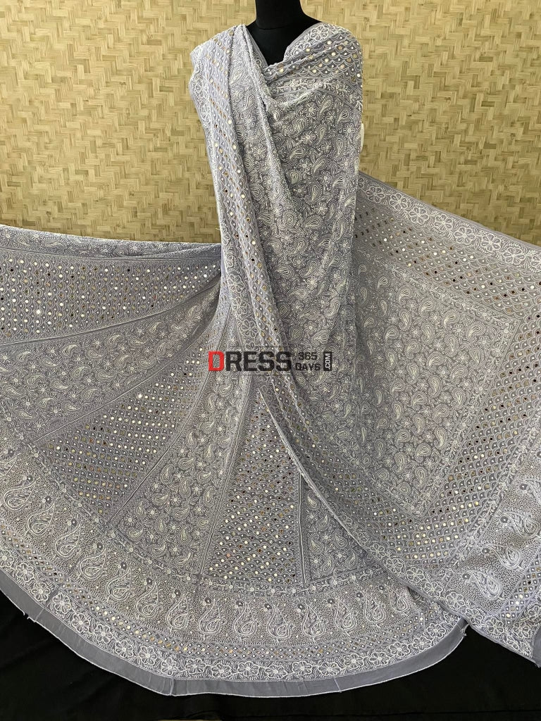 Grey Pearl & Mirror Chikankari Lehenga Set