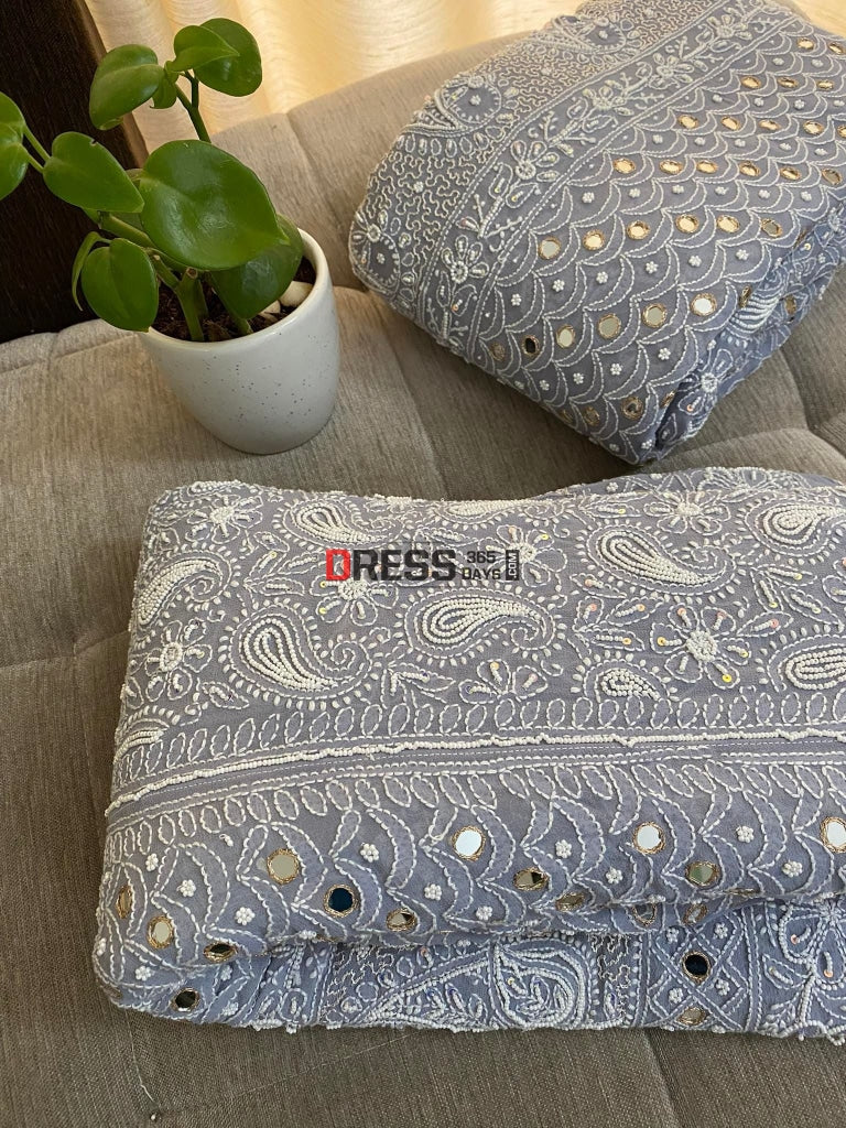 Grey Pearl & Mirror Chikankari Lehenga Set