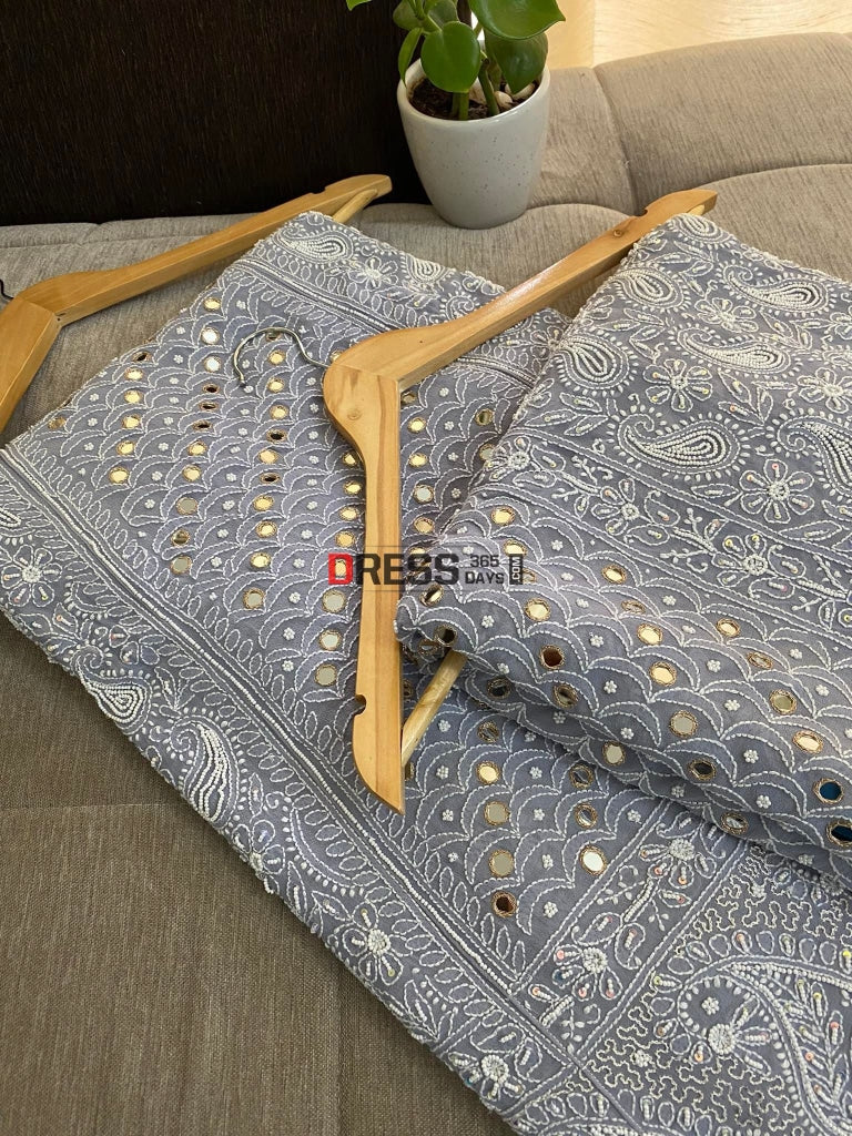 Grey Pearl & Mirror Chikankari Lehenga Set