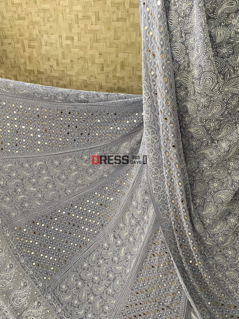 Grey Pearl & Mirror Chikankari Lehenga Set