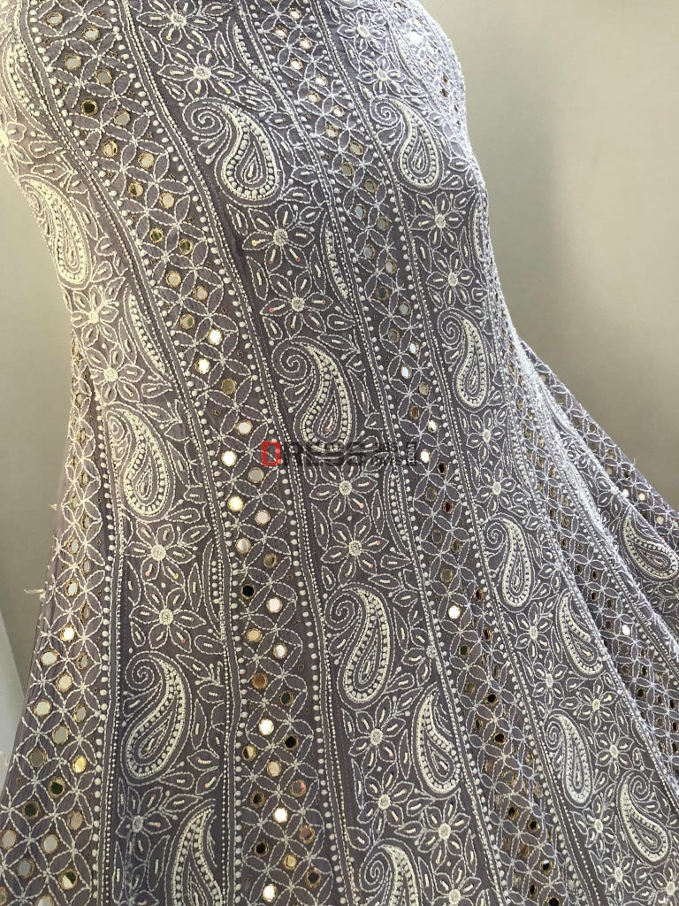 Grey Pearl & Mirror Lucknowi Chikan Anarkali Suit Chikankari