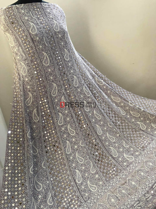 Grey Pearl & Mirror Lucknowi Chikan Anarkali Suit Chikankari