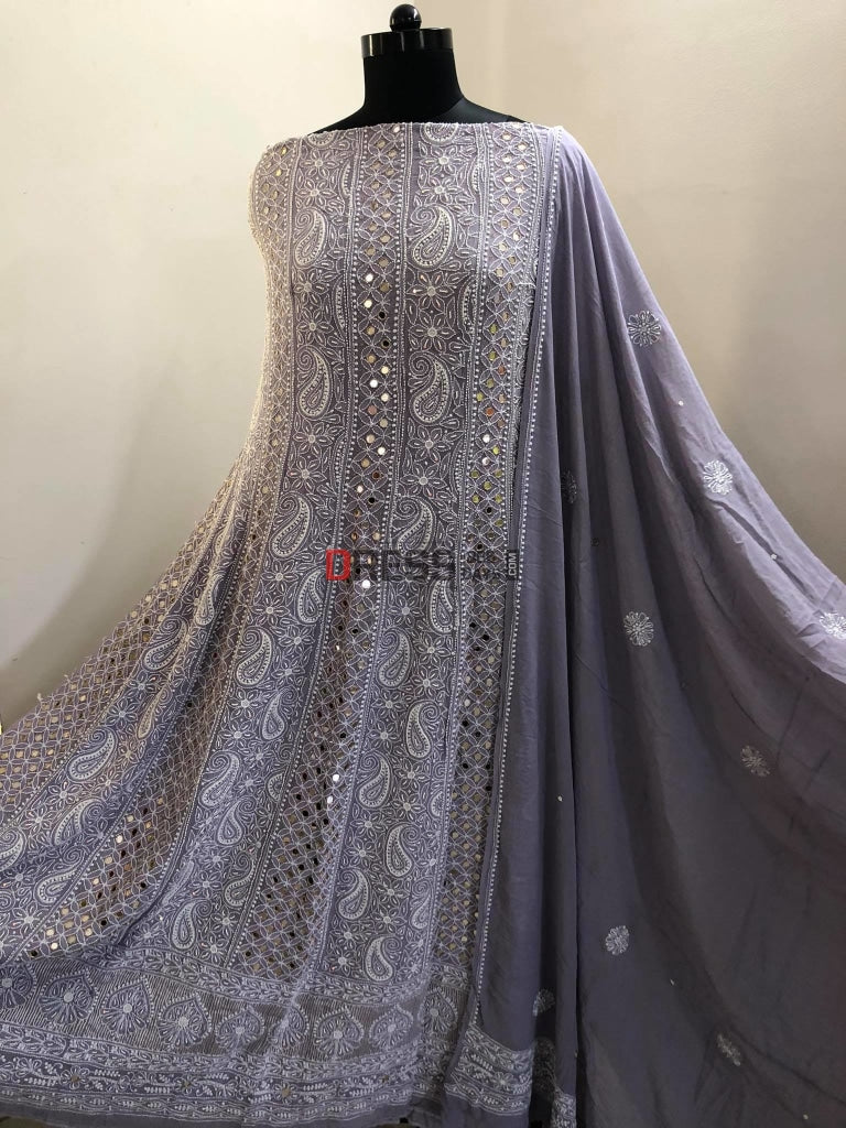 Grey Pearl & Mirror Lucknowi Chikan Anarkali Suit Chikankari