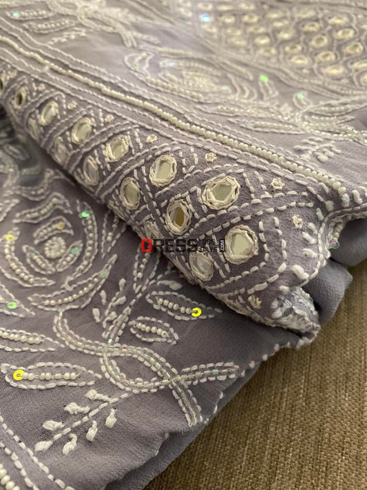 Grey Pearl & Mirror Lucknowi Chikankari Suit Suits