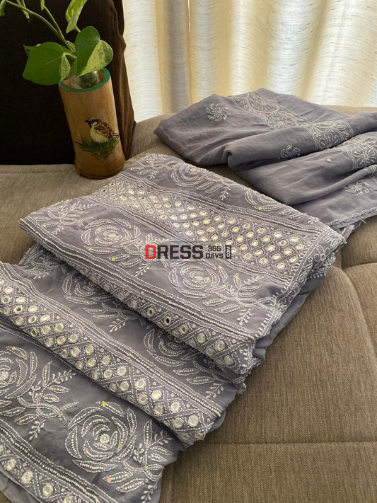 Grey Pearl & Mirror Lucknowi Chikankari Suit Suits