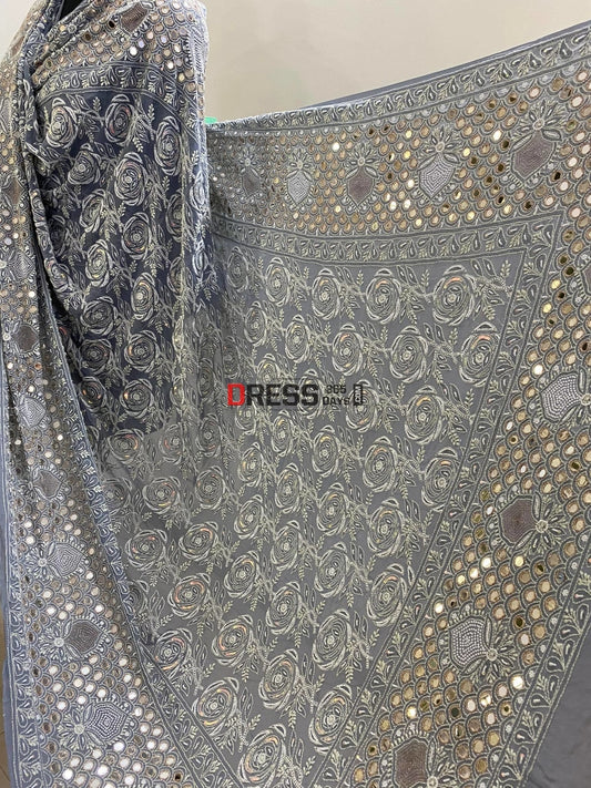 Grey Pearl & Mirrror Chikankari Dupatta