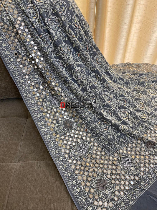 Grey Pearl & Mirrror Chikankari Dupatta