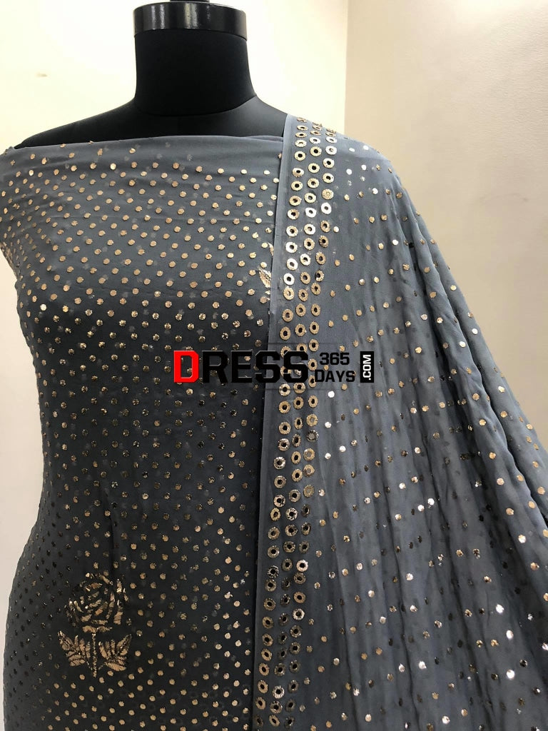 Grey Pure Georgette Kamdani Suit Chikankari Suits