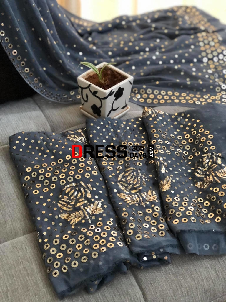 Grey Pure Georgette Kamdani Suit Chikankari Suits