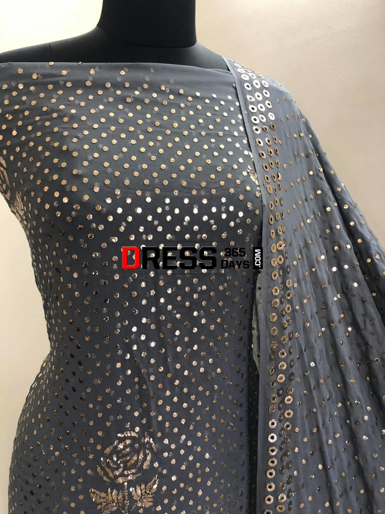 Grey Pure Georgette Kamdani Suit Chikankari Suits