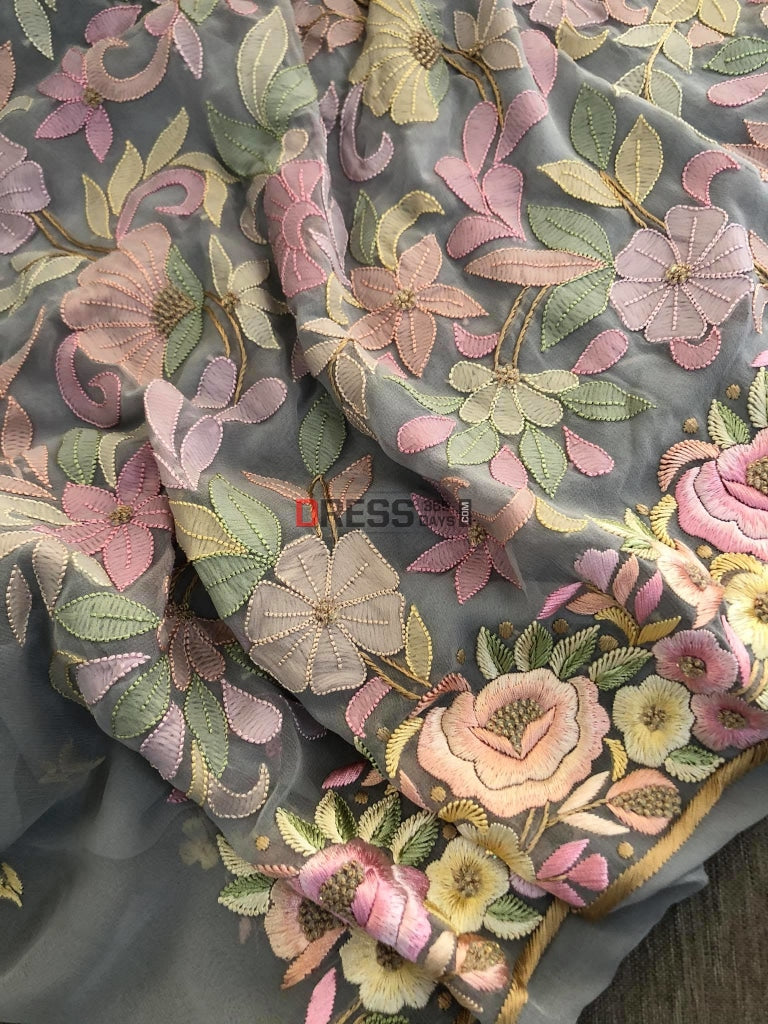Grey Resham Chikankari & Parsi Gara Suit Suits