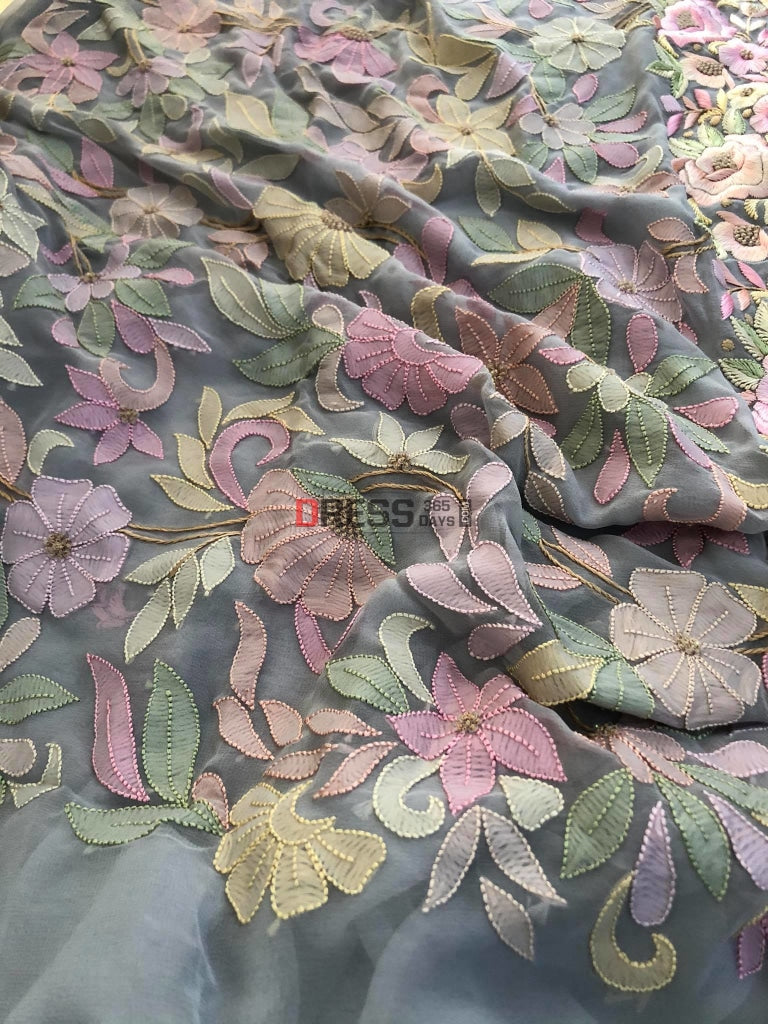 Grey Resham Chikankari & Parsi Gara Suit Suits