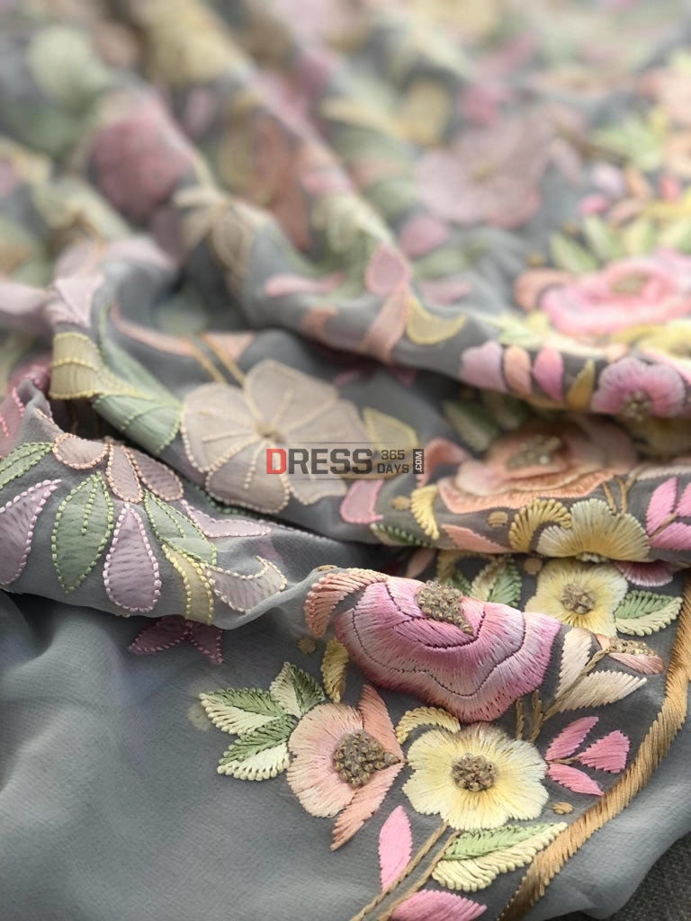 Grey Resham Chikankari & Parsi Gara Suit Suits