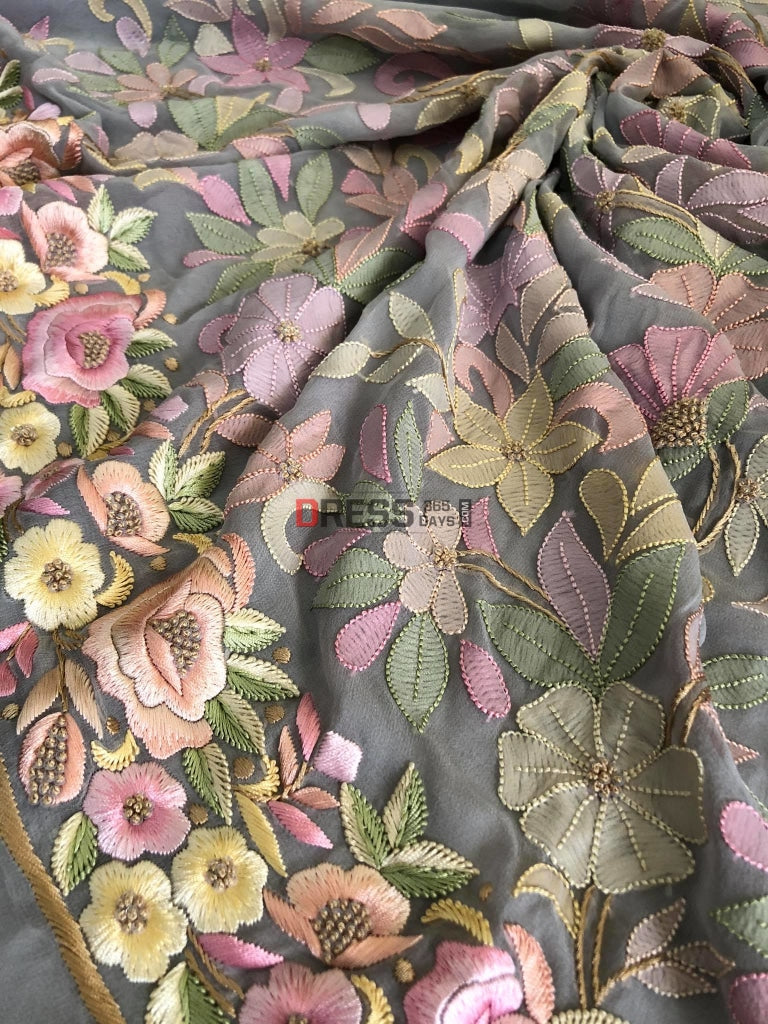 Grey Resham Chikankari & Parsi Gara Suit Suits