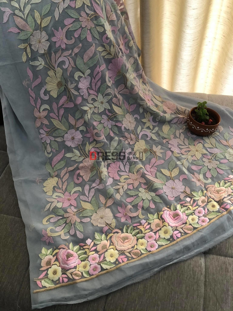 Grey Resham Chikankari & Parsi Gara Suit Suits