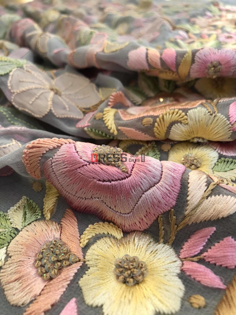 Grey Resham Chikankari & Parsi Gara Suit Suits
