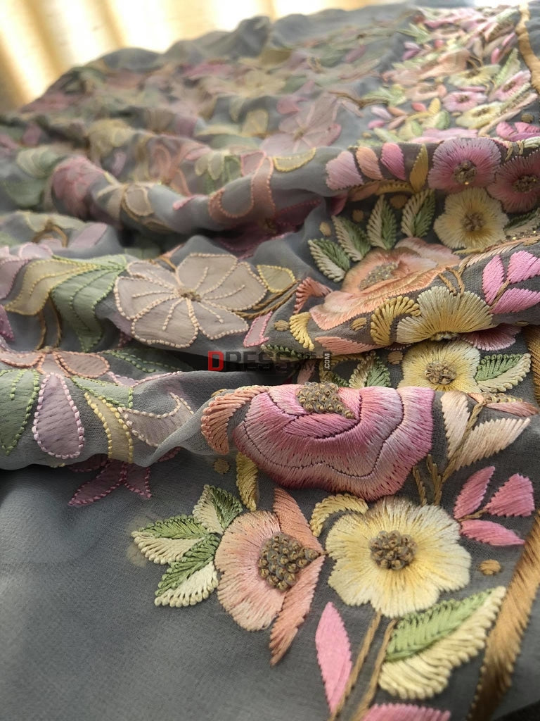 Grey Resham Chikankari & Parsi Gara Suit Suits