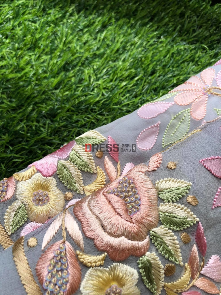 Grey Resham Chikankari & Parsi Gara Suit Suits