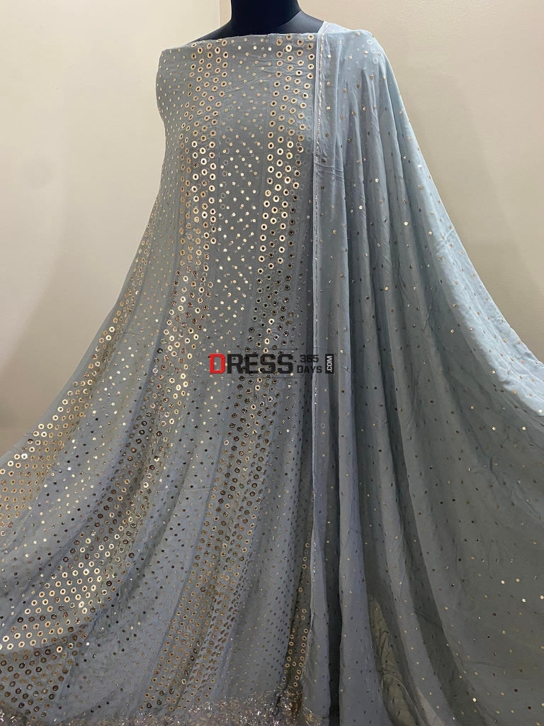 Grey Ring Mukaish Anarkali Suit Chikankari