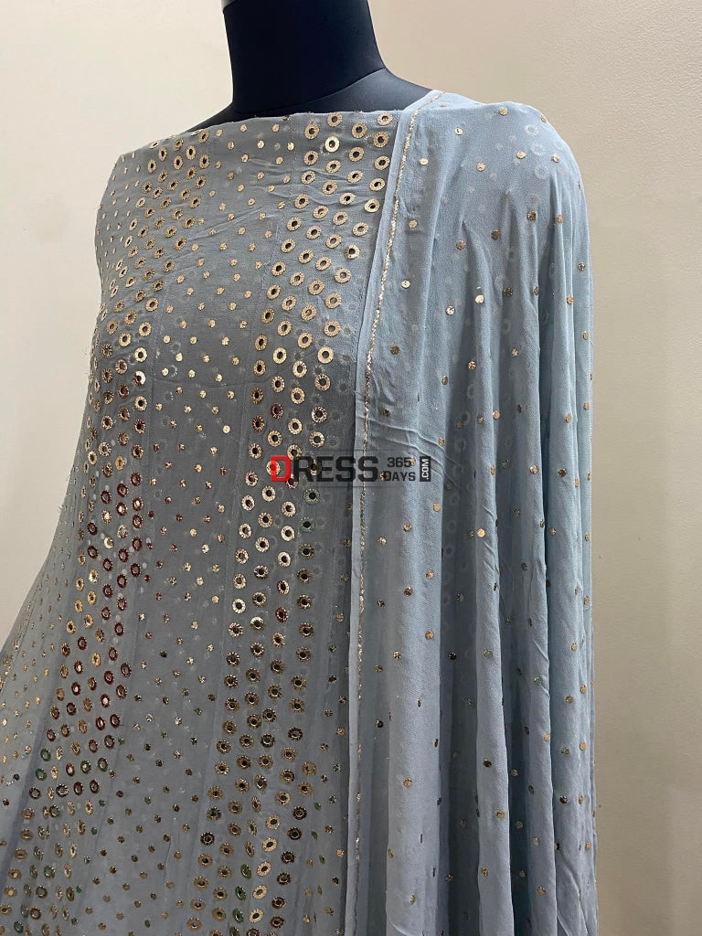 Grey Ring Mukaish Anarkali Suit Chikankari