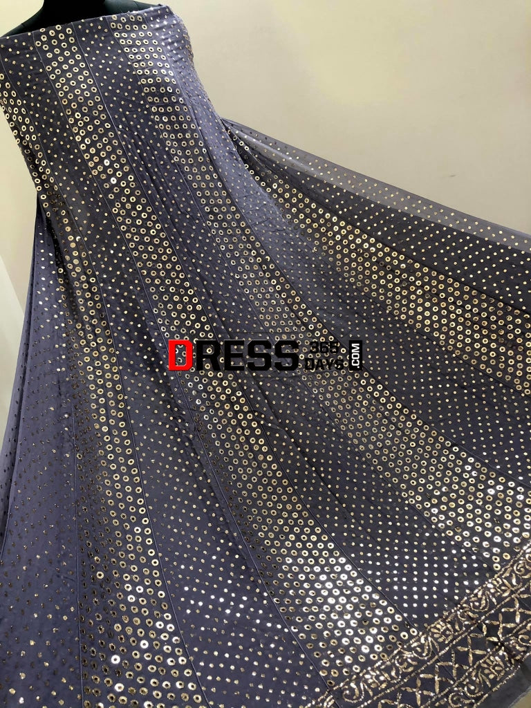 Grey Ring Mukaish Pure Georgette Anarkali Suit Chikankari