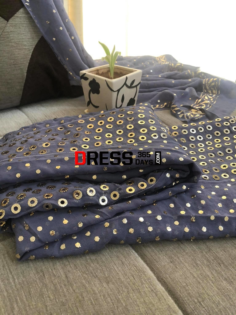 Grey Ring Mukaish Pure Georgette Anarkali Suit Chikankari