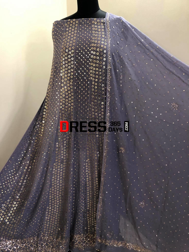 Grey Ring Mukaish Pure Georgette Anarkali Suit Chikankari