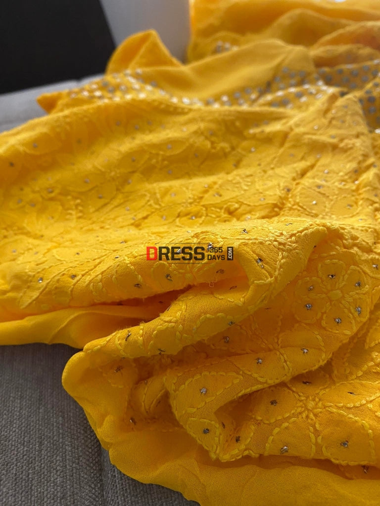 Haldi Yellow Mukaish Neckline Chikankari Kurta Dupatta Suits