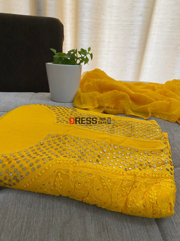 Haldi Yellow Mukaish Neckline Chikankari Kurta Dupatta Suits